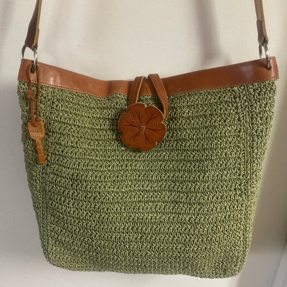 Fossil Olive Green Woven Shoulder Bag with Tan Leather Trim
